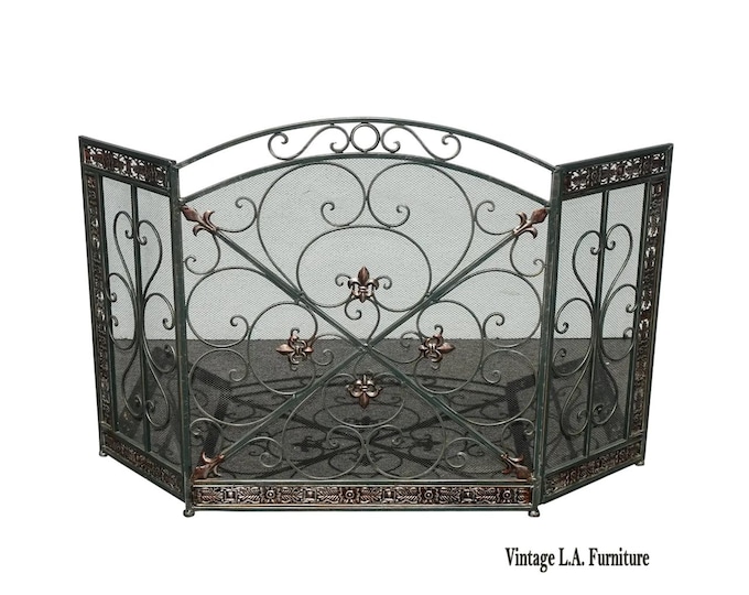 Vintage French Country Three Panel Fireplace Screen ~ Ornate w Scrolls