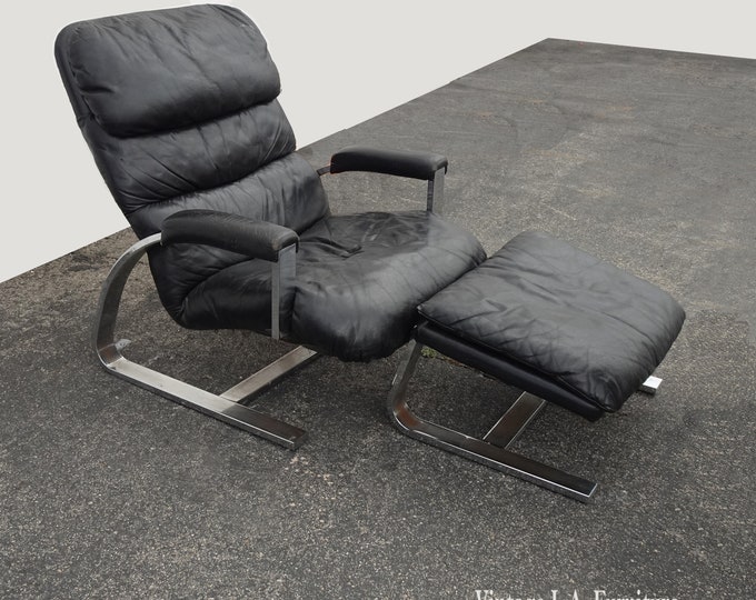 Vintage Milo Baughman Cantilever Black Chrome Lounge Chair and Ottoman Asis