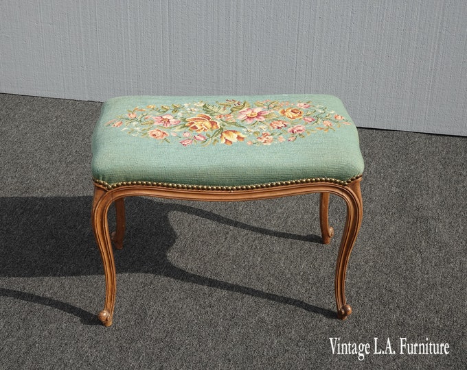 Vintage French Country Green Floral Needlepoint Tapestry Bence w Cabriole Legs
