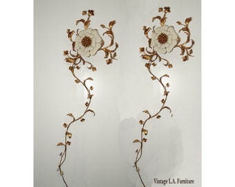 Pair Vtg Italian Hollywood Regency Gold Floral Wall Lights Sconce Made Italy #2