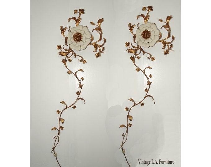 Pair Vtg Italian Hollywood Regency Gold Floral Wall Lights Sconce Made Italy #2