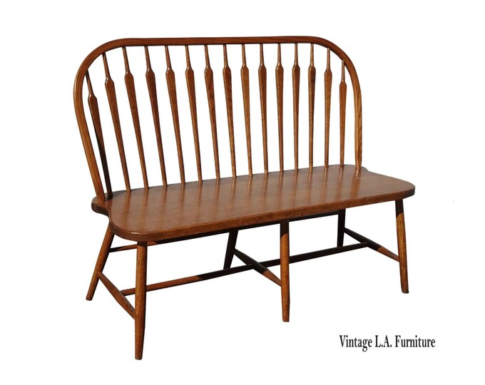 Vintage French Country Spindle Back Windsor Oak Bench Settee ~ Ethan Allen STYLE