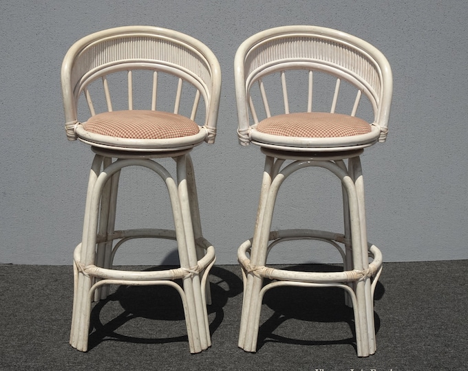 Vintage Rustic French Country White Bamboo Rattan Barstools Bar Stools