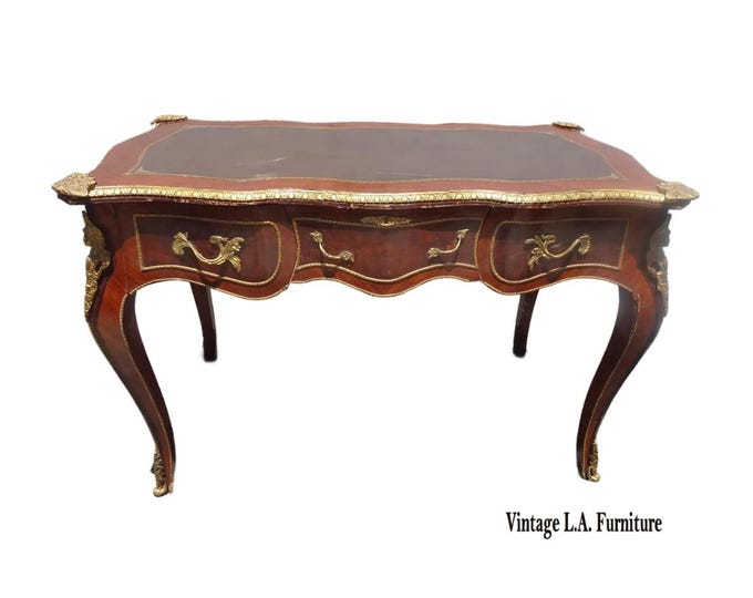 Vintage French Louis XV Bureau Plat Writing Desk Ornate Brass Ormolu Leather Top