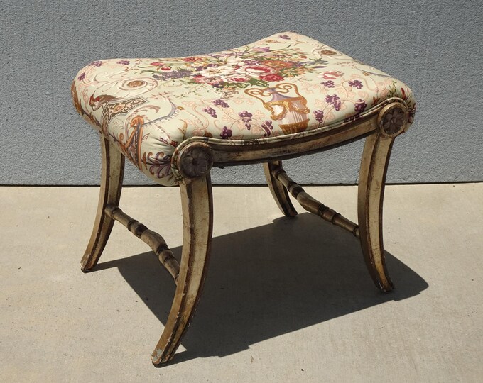 Vintage French Country Floral Bench w Silver Gilt Base 2of2