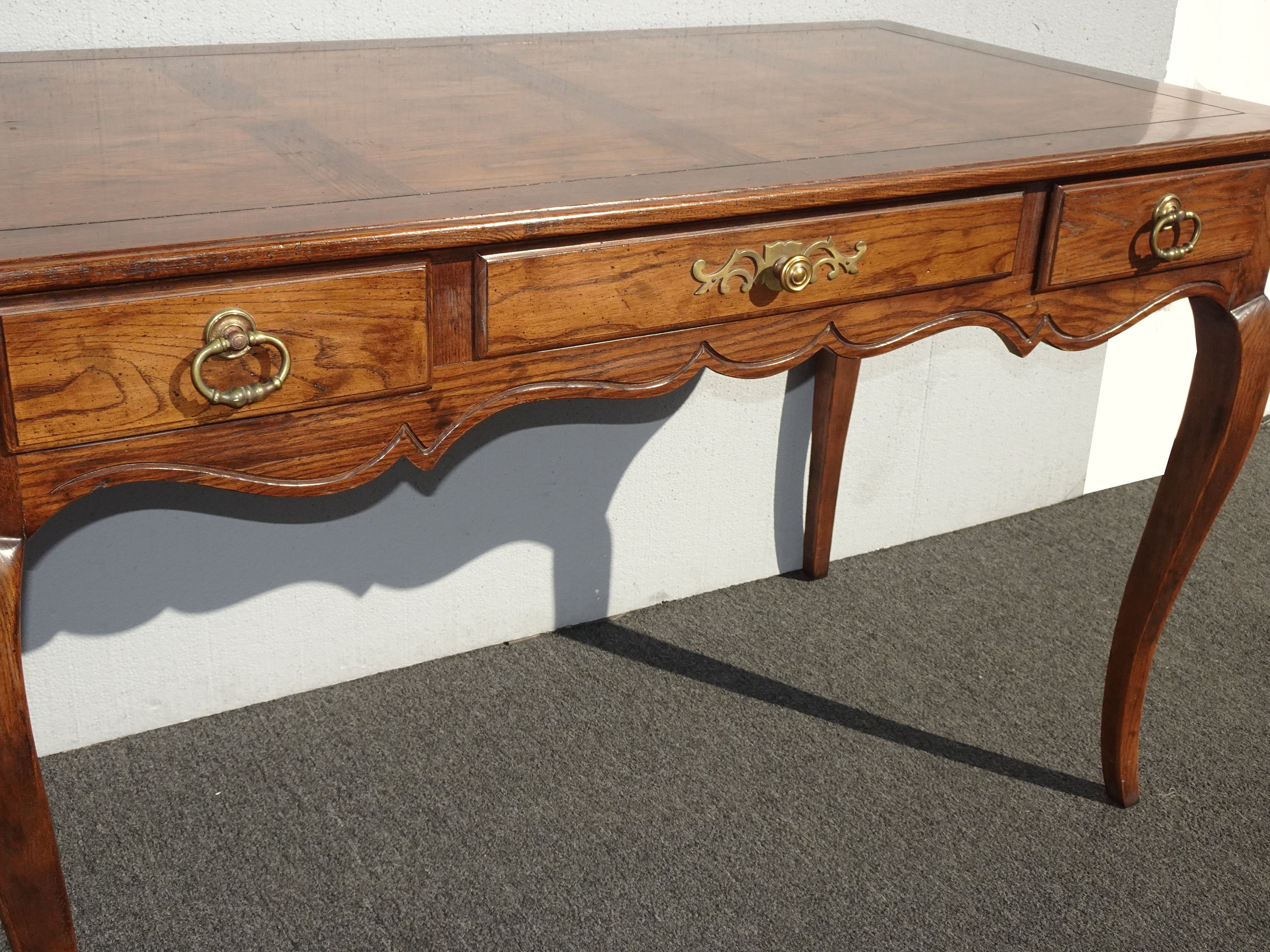 Vintage French Country Henredon Oak Writing Desk w Three Drawers