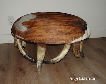 Large Oversized Vintage Western Theme Steer Horn Cowhide Ottoman ~ Coffee Table