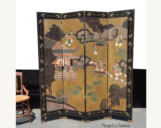 Vintage Oriental Asian Gold Coromandel Four Panel Screen Room Divider w Geishas