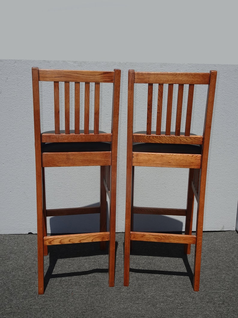Pair of Two French Country Oak Bar Stools w Black Seat Barstools