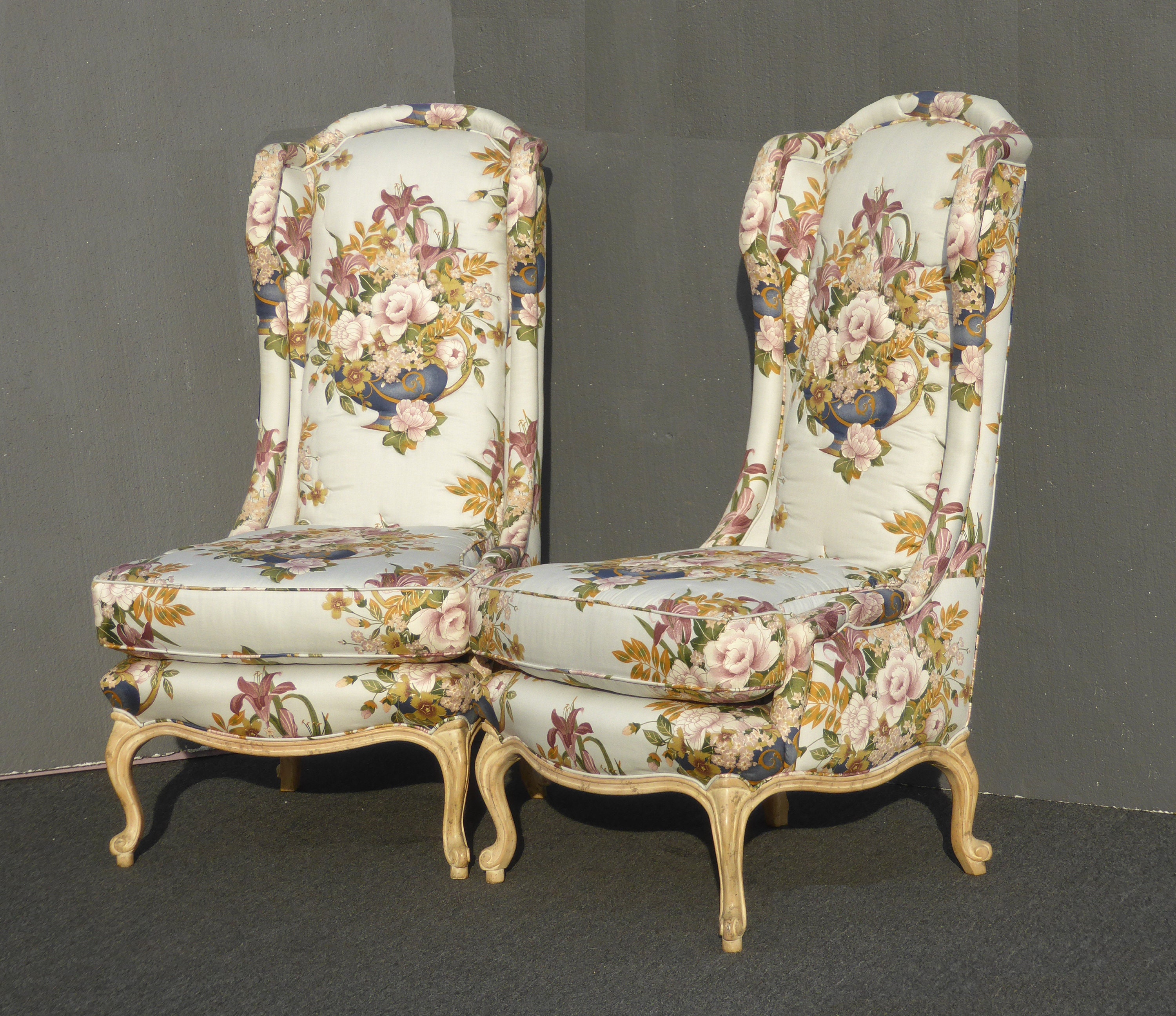 Vintage Pair of Designer French Country Floral High Back Wingback Chairs