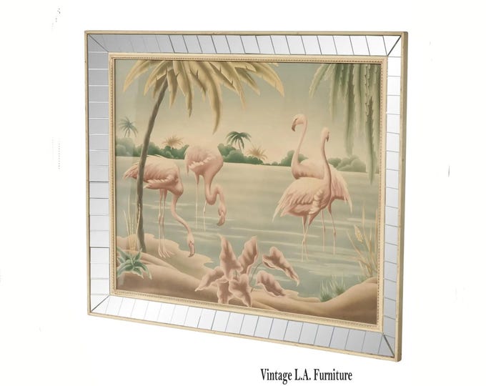 Vintage Mid Century Flamingo Lithograph Picture Print by Turner Mirror Frame 2
