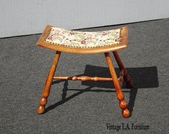 Vintage French Country Oak Saddle Style Seat w Floral Fabric Stool Bench