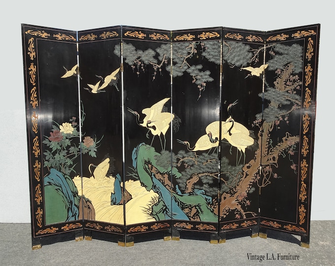 Vintage Oriental Asian Six Panel Screen Room Divider w Goldish Flying Cranes