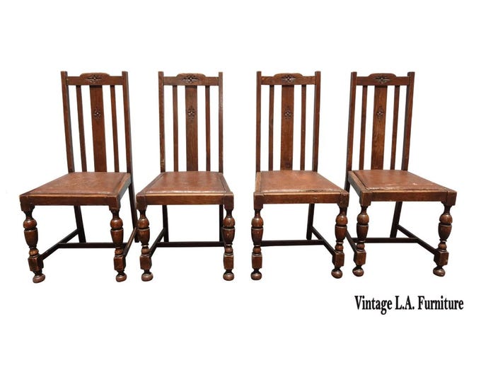 Set of Four Antique French Country Brown Side Chairs w Leather Seats