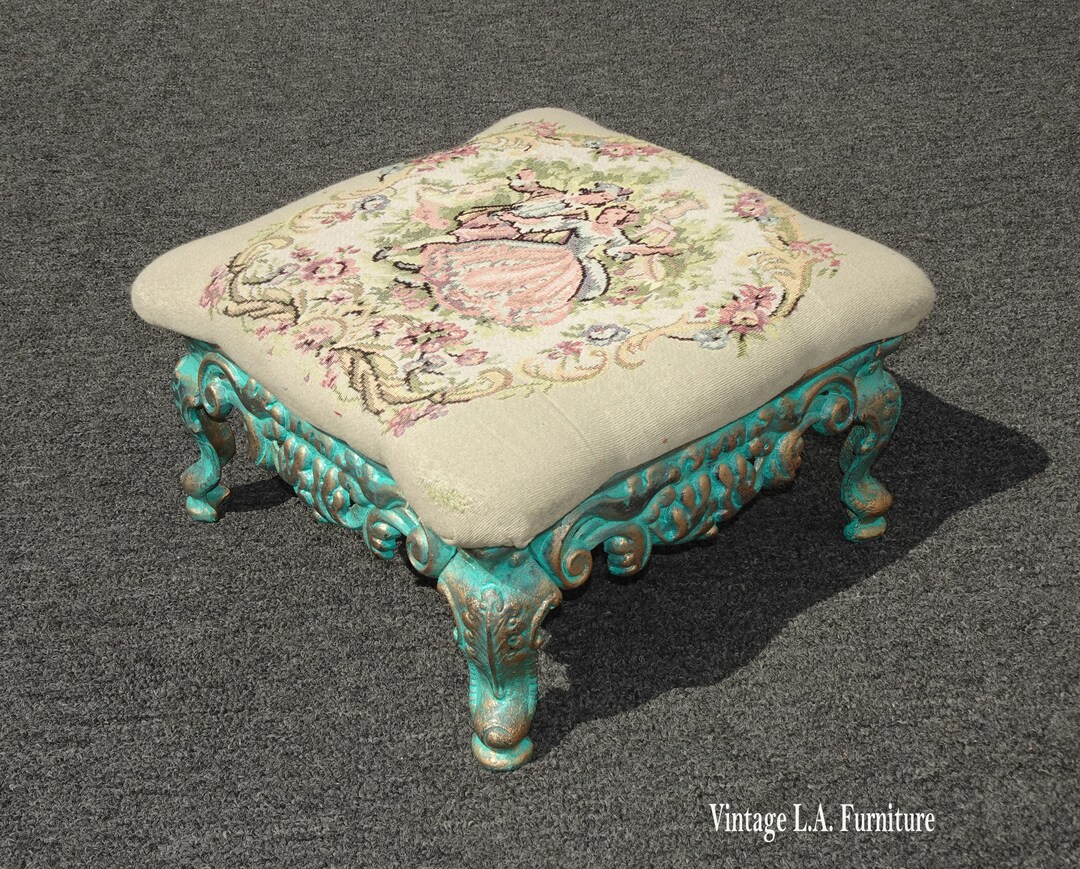 Vintage French Country Turquoise Cast Iron Footstool W White Etsy