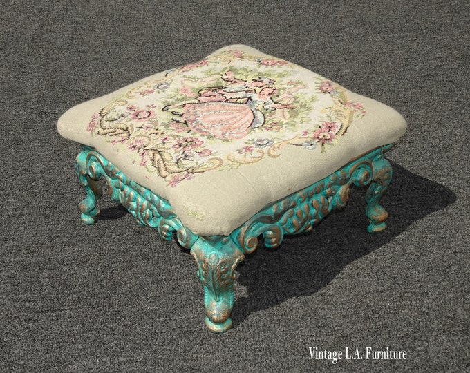 Vintage French Country Turquoise Cast Iron Footstool w White Floral Tapestry