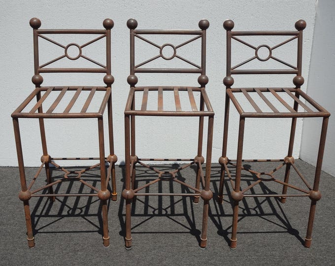 Set Three Vintage Rustic Spanish Style Iron Barstools Crackle Finish No Cushions