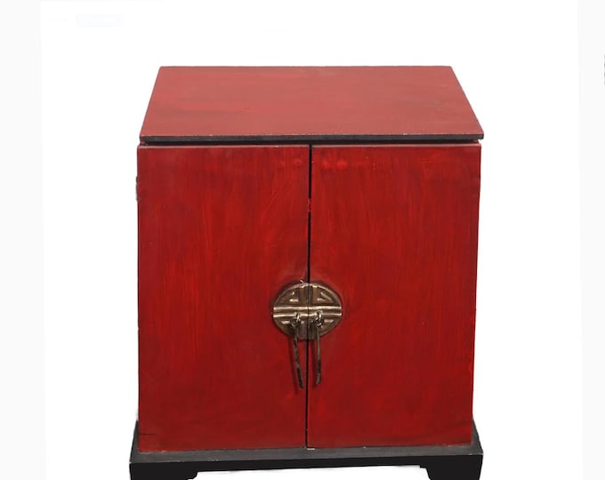 Vintage Oriental Asian Red Petite Cabinet Side Table w Shelves and Drawers
