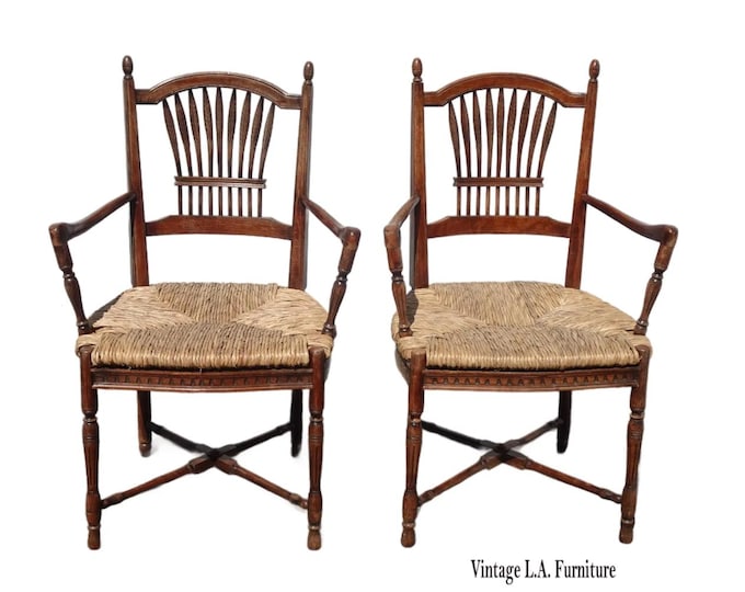 Pair of Vintage Rustic French Country Rush Seat Wheat Sheaf Arm Chairs ~ Lite 2