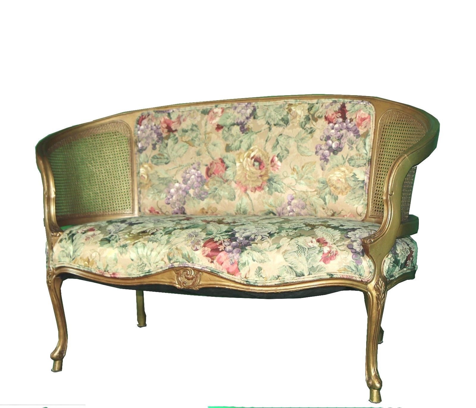 Vintage French Provincial Gold Floral Cane Settee with Curved Arms