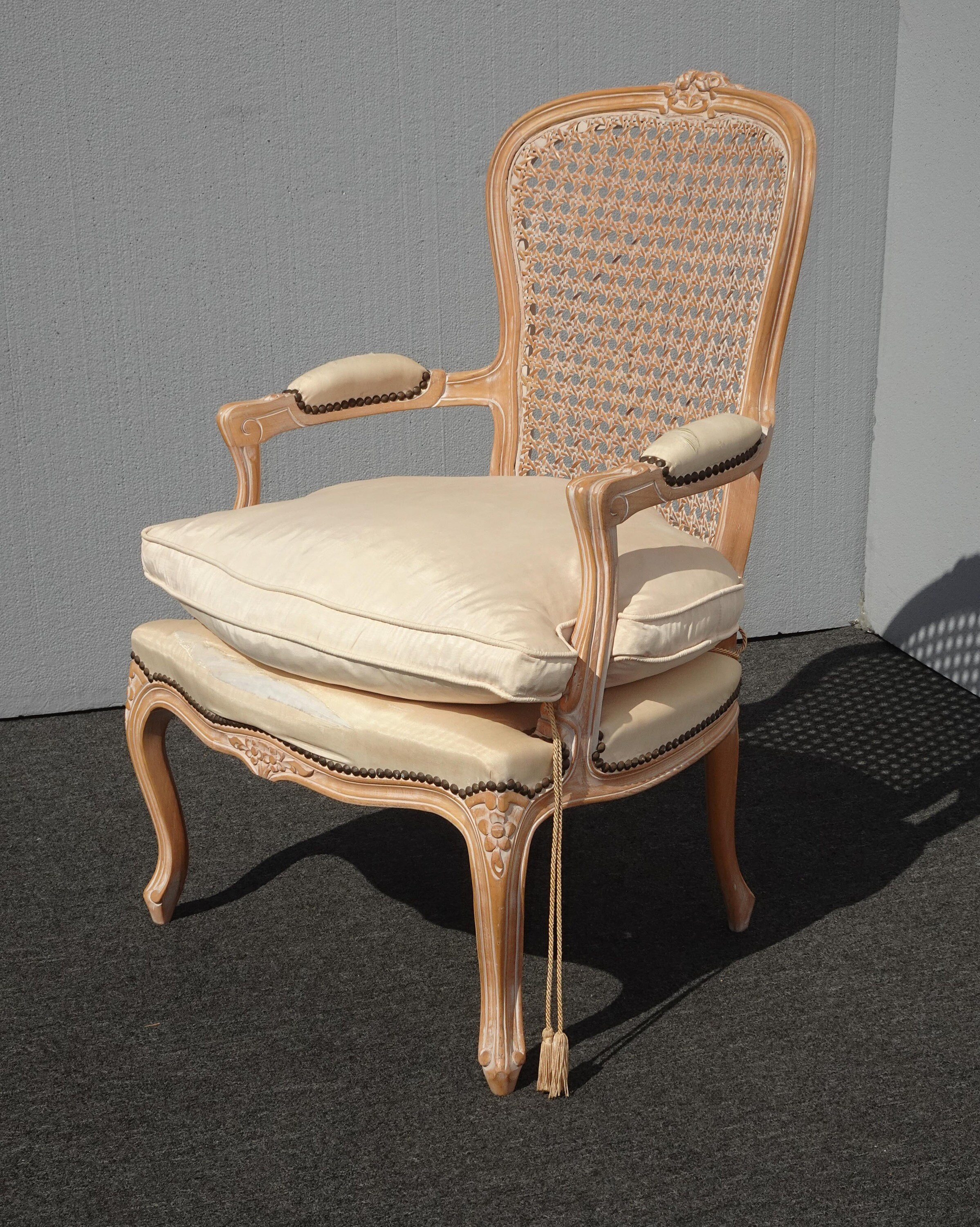 Vintage French Country White Cane Accent Chair w Down Feather Cushion