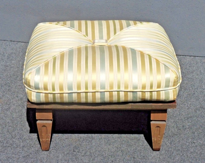 Vintage Mid Century Modern Striped Wood Base Ottoman