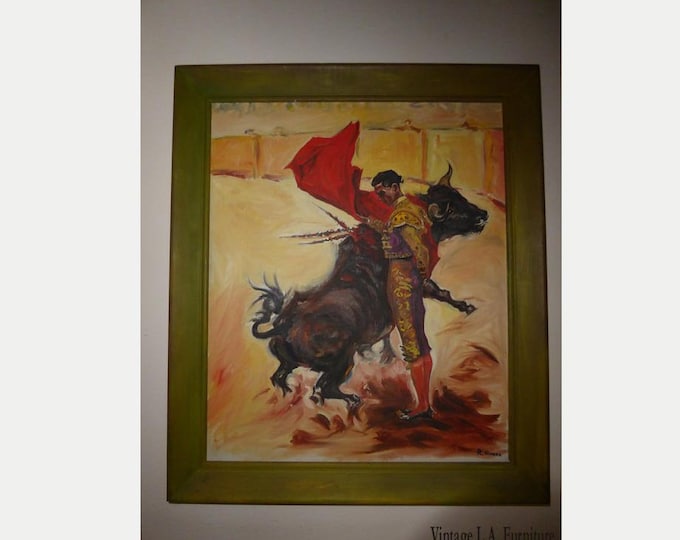 Vintage Spanish Bullfighter Oil On Canvas Picture Painting Signed R. Rivera