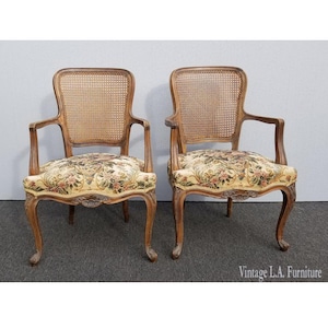 Pair Vintage French Provincial Country Off White Floral Cane Back Accent Chairs