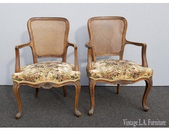 Pair Vintage French Provincial Country Off White Floral Cane Back Accent Chairs