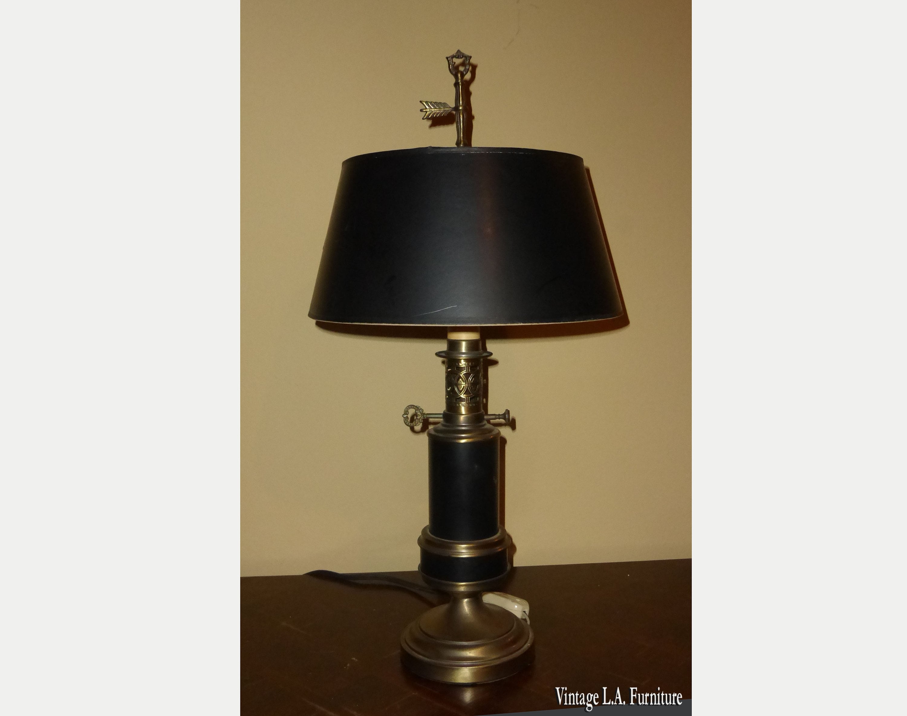 Vintage Table Lamp w Brass Finial and Black Shade French
