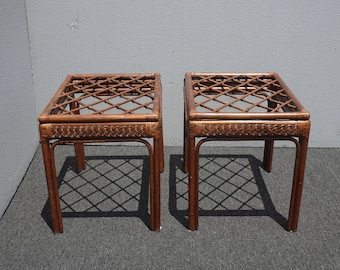 Pair of Vintage French Country Rustic Bamboo Rattan Brown End Tables