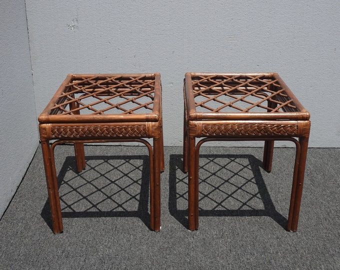 Pair of Vintage French Country Rustic Bamboo Rattan Brown End Tables