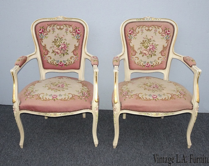 Pair of Vintage French Provincial Louis XVI Pink Neddlepoint Tapestry Chairs