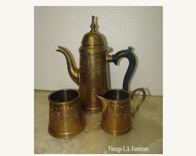 Set of Vintage Brass Coffee Pot Pitcher & Sugar Cup and Creamer Milk Cup
