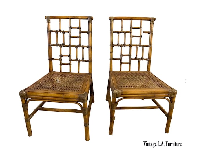 Pair Vintage Baker Furniture Side Chairs ~ Chinoiserie Bamboo Cane Brown Chairs
