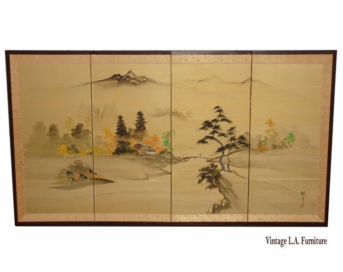 Vintage Japanese Showa Four Panel Asian Folding Screen Picture Painting