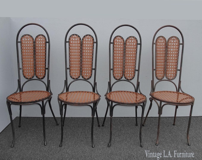 Set of Four Mid Century Modern Black Wrought Iron Chairs w Fiberglass Cane
