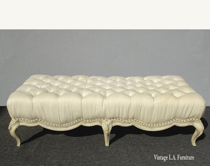 Long Oversized French Provincial White Tufted Bedside Bench w Decorative Nails