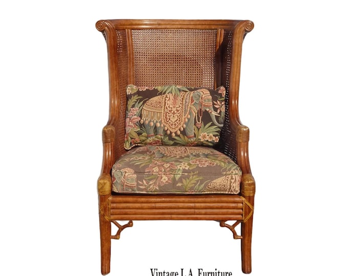 Vintage Lane French Country Brown Wingback Cane Bamboo Chair w Leather Straps