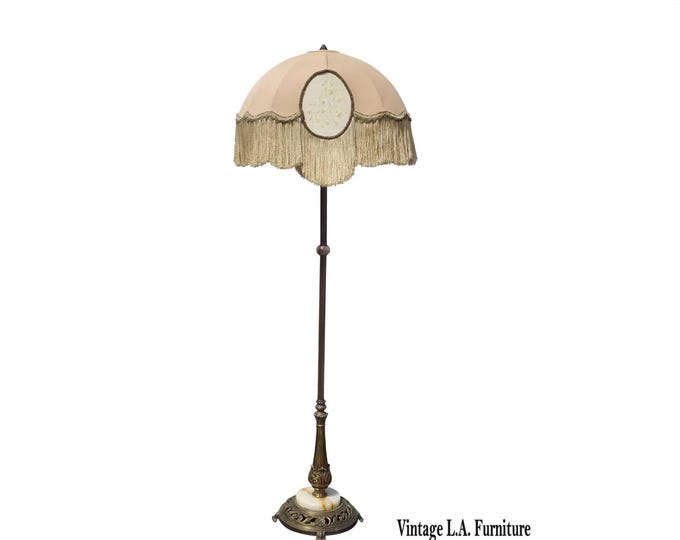 Vintage French Victorian Floor Lamp Light w Fringed Lamp Shade & Onyx Base