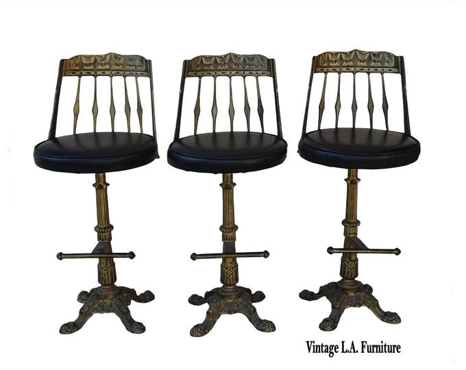 Set Three Vintage Cast Iron Gold & Black Swivel Barstools Bar Stools ~ Spanish