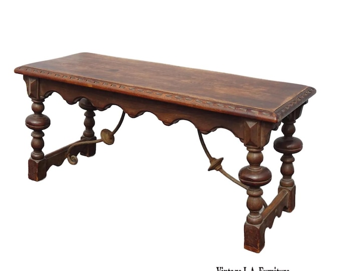 Vintage Spanish Style Bench w Iron Stretcher ~ French Country