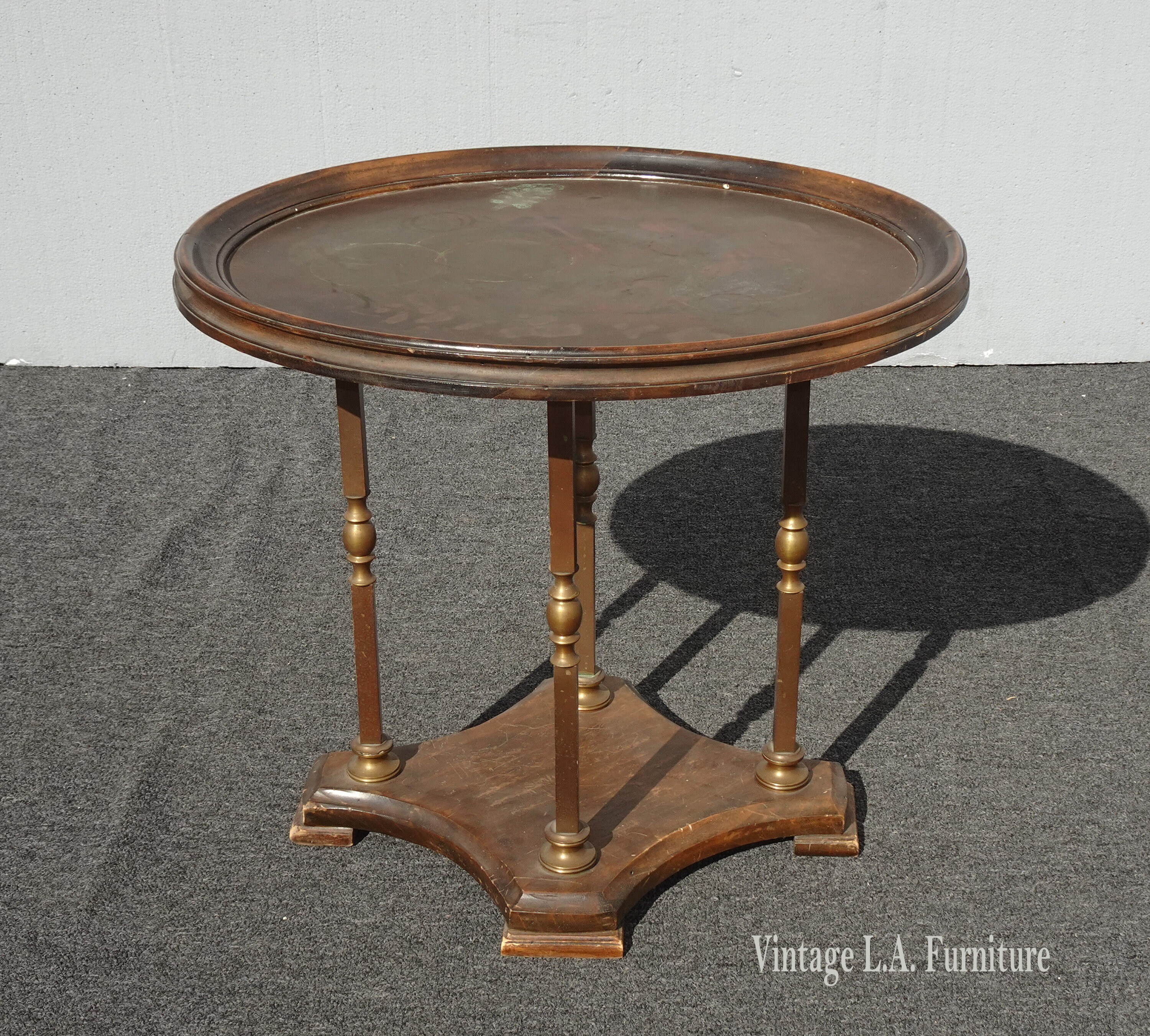 Vintage French Country Oval Side Table w Aged Copper Table Top and