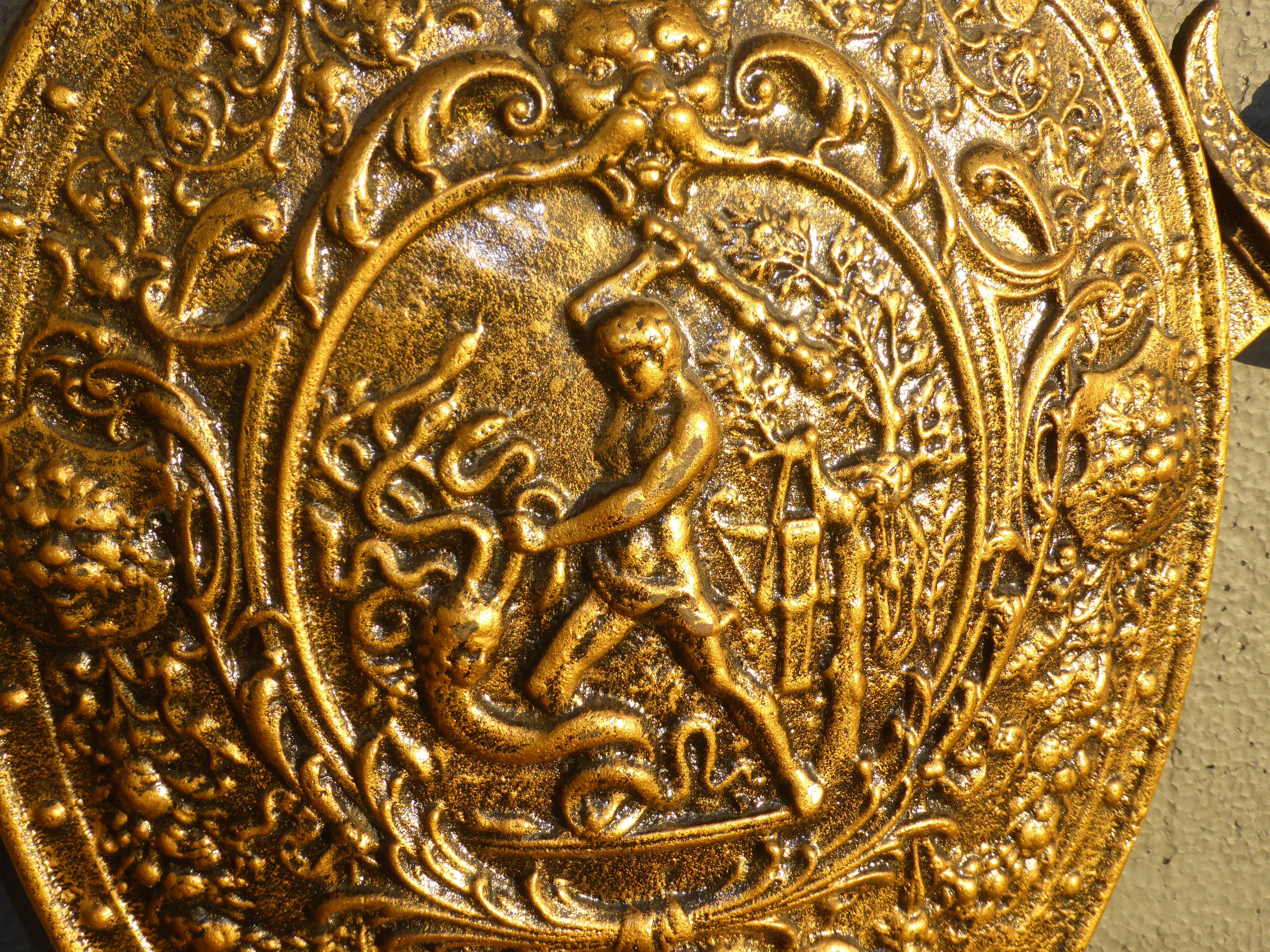 Vintage Coat of Arms Medieval Gold Plaque Picture w Lion Motif & 4 Swords