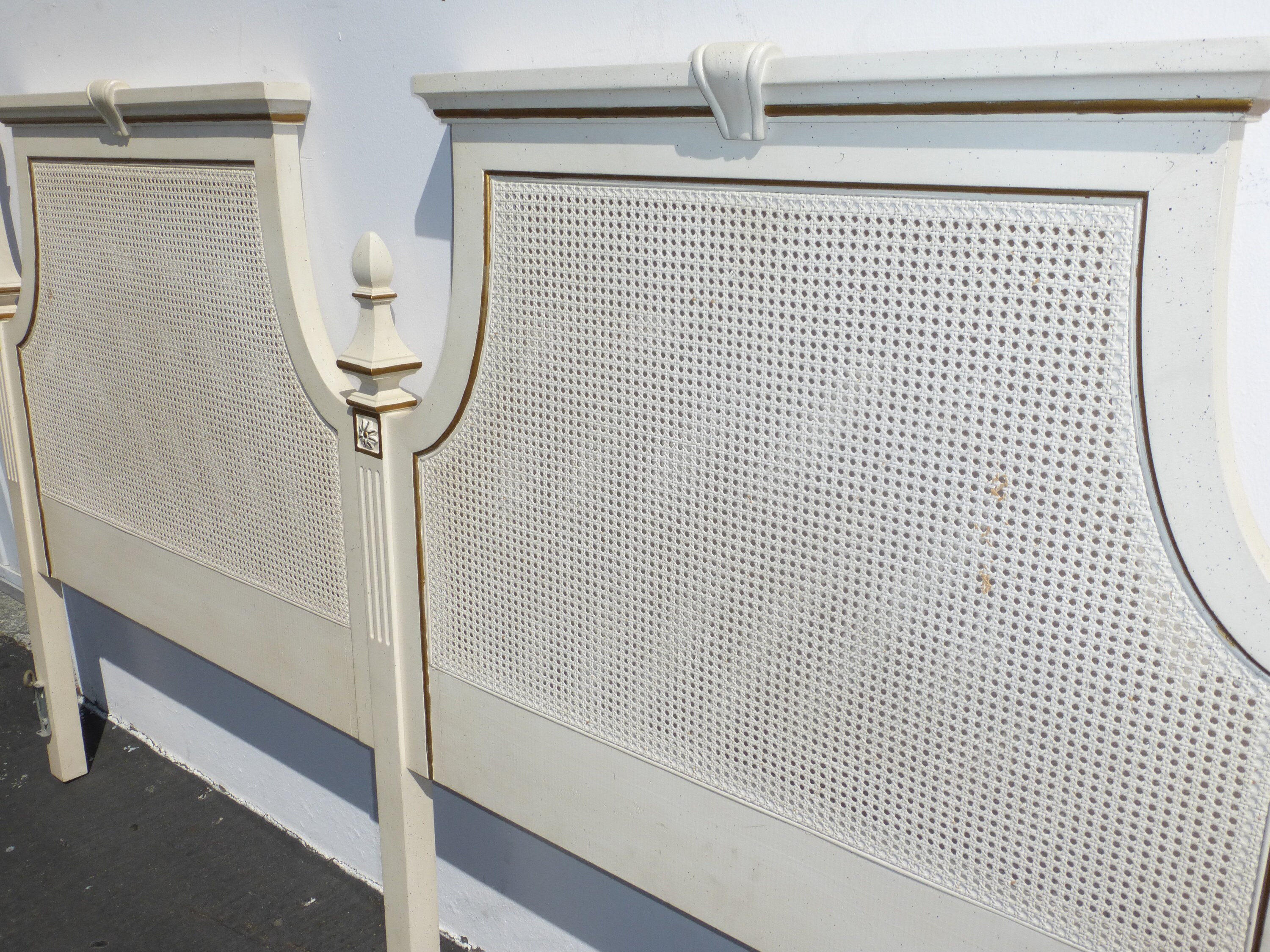 Vintage French Provincial Style White & Gold Cane King Headboard