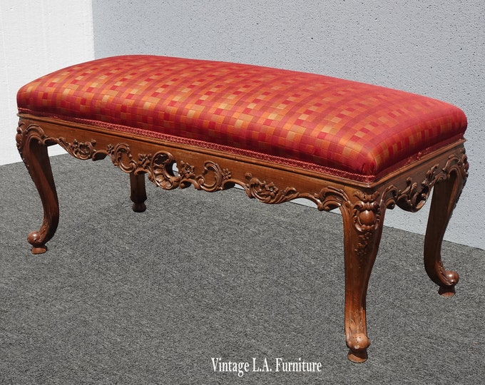 Antique French Louis Ornate Carved Red Checkered Bedside Bench