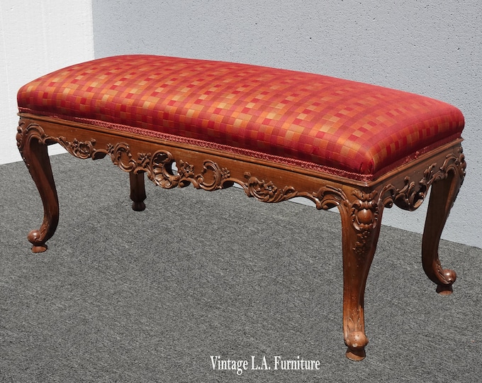 Vintage  French Louis Ornate Carved Red Checkered Bedside Bench