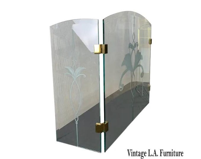 Vtg Mid Century 1980's Three Panel Etched Glass Floral Fireplace Screen w Brass