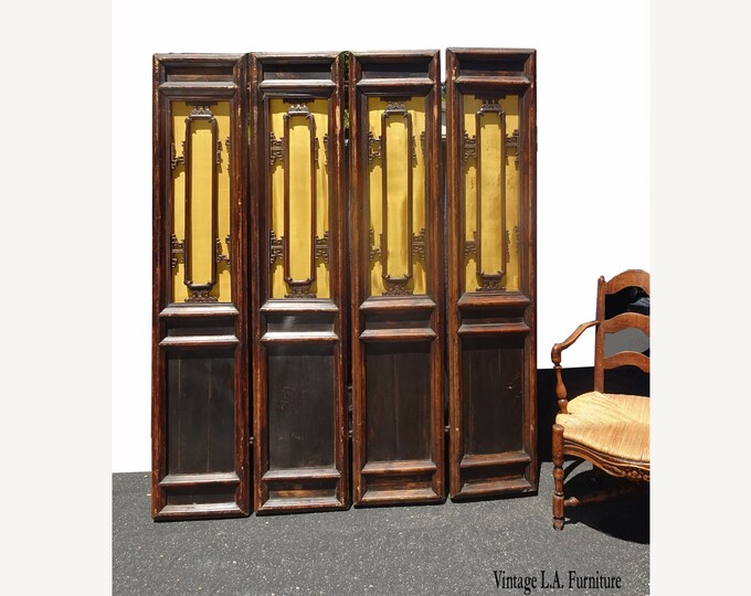 Antique Asian Chinoiserie Room Divider ~ Four Panel Screen w Gold Silk