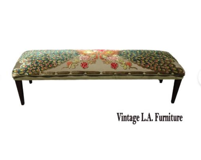 Long Designer Bench w Double Peacock Green Velvet Fabric Decorative Nails LH1